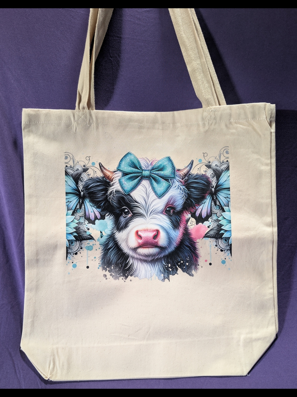 Whimsical Calf Canvas Tote with Teal Bow